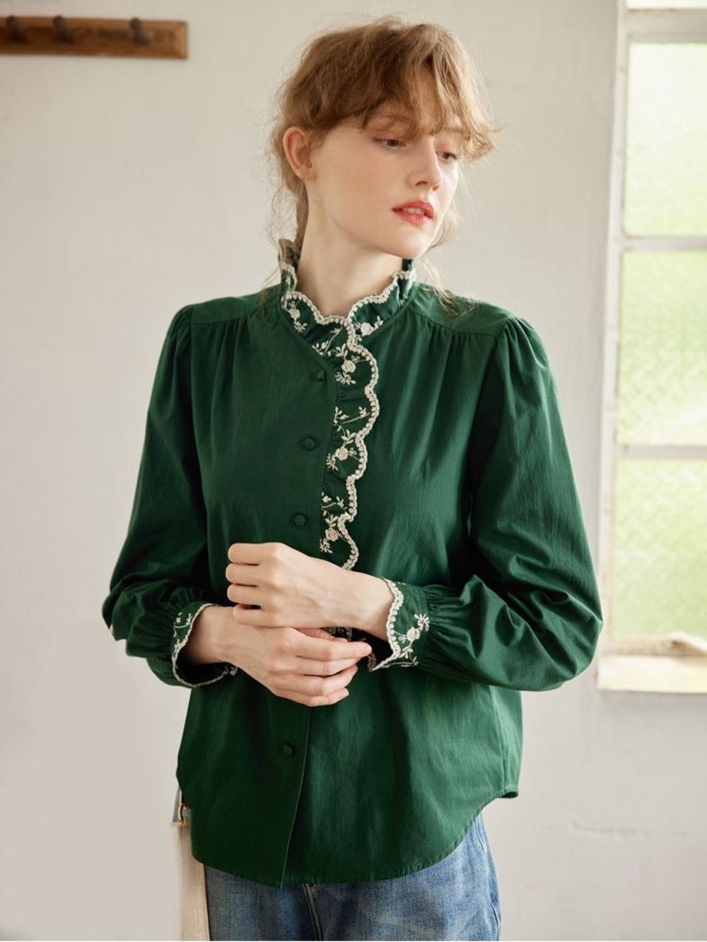 Simple Retro Dark Green Embroidered Cotton Ruffle Blouse Cottagecore M NWT Fall